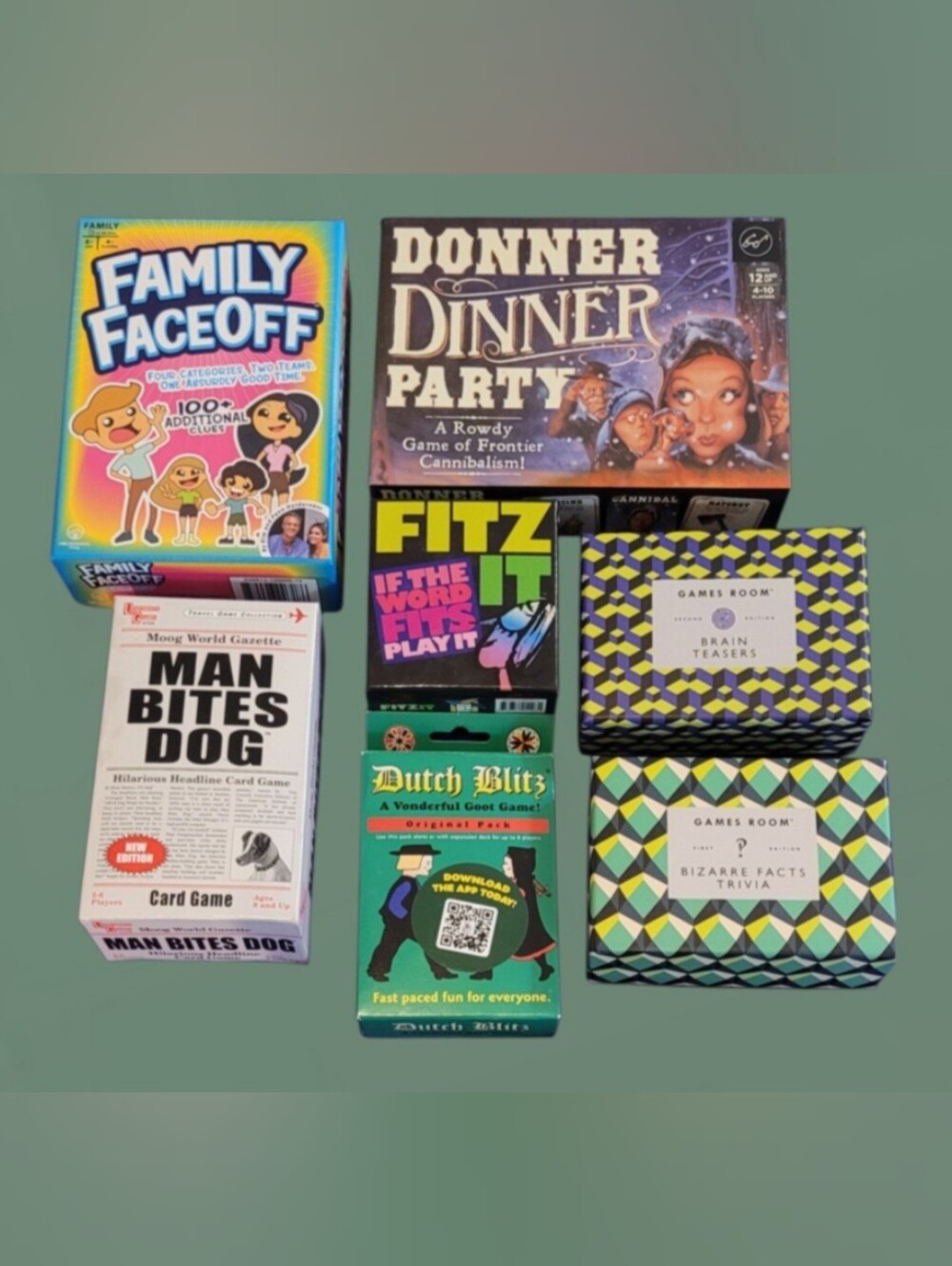 FAMILY CARD GAME LOT 7- FAMILY FACE OFF, MAN BITES DOG, DUTCH BLITZ, GAMES ROOM